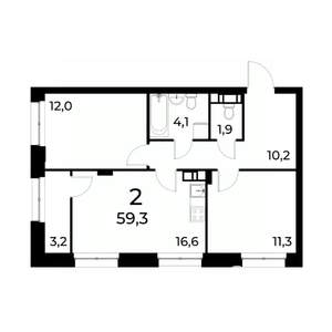 2-к квартира, вторичка, 59м2, 17/20 этаж