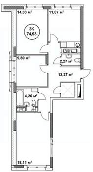 3-к квартира, вторичка, 75м2, 16/22 этаж