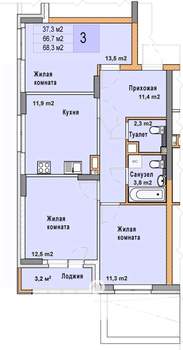 3-к квартира, вторичка, 68м2, 2/25 этаж