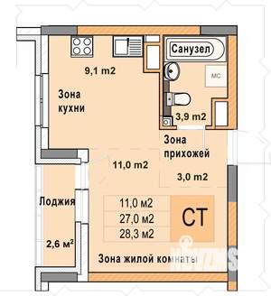 Студия квартира, вторичка, 28м2, 9/25 этаж