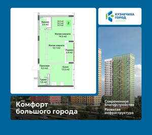 2-к квартира, вторичка, 54м2, 4/10 этаж