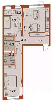 3-к квартира, строящийся дом, 66м2, 3/25 этаж