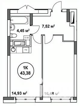 1-к квартира, вторичка, 43м2, 13/22 этаж