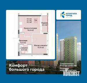1-к квартира, вторичка, 35м2, 4/10 этаж