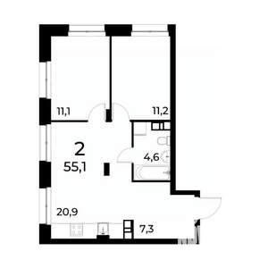 2-к квартира, вторичка, 55м2, 14/20 этаж