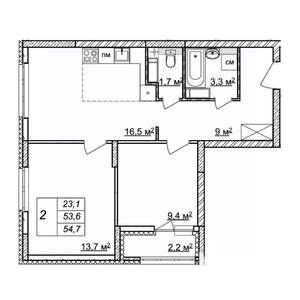 2-к квартира, строящийся дом, 55м2, 24/25 этаж