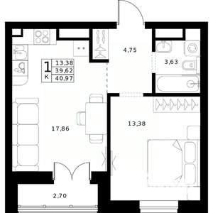 1-к квартира, строящийся дом, 41м2, 23/24 этаж