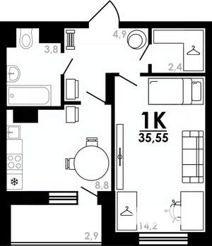 1-к квартира, вторичка, 36м2, 9/25 этаж