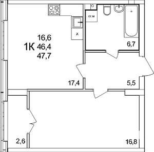 1-к квартира, вторичка, 48м2, 2/25 этаж