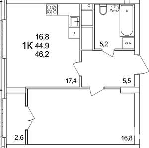 1-к квартира, вторичка, 46м2, 24/25 этаж