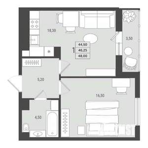 1-к квартира, вторичка, 46м2, 5/10 этаж