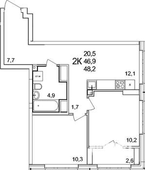 2-к квартира, вторичка, 48м2, 10/25 этаж