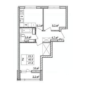2-к квартира, строящийся дом, 42м2, 23/25 этаж