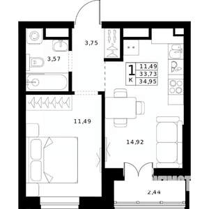 1-к квартира, вторичка, 35м2, 17/24 этаж