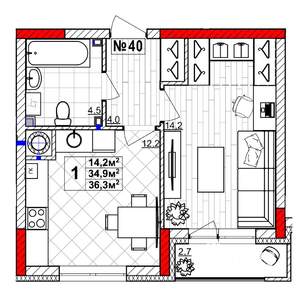 1-к квартира, вторичка, 36м2, 1/4 этаж