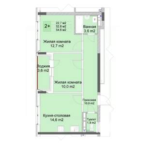 2-к квартира, строящийся дом, 55м2, 2/10 этаж