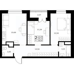 2-к квартира, строящийся дом, 57м2, 15/24 этаж