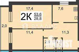 2-к квартира, вторичка, 52м2, 1/6 этаж