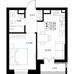 1-к квартира, строящийся дом, 35м2, 10/24 этаж