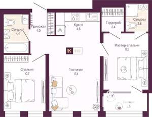 2-к квартира, вторичка, 60м2, 11/12 этаж