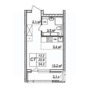 Студия квартира, строящийся дом, 24м2, 19/25 этаж