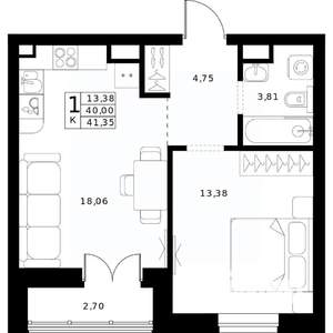 1-к квартира, вторичка, 41м2, 11/24 этаж