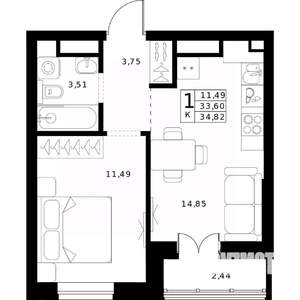 1-к квартира, строящийся дом, 35м2, 22/24 этаж