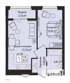1-к квартира, вторичка, 42м2, 1/15 этаж