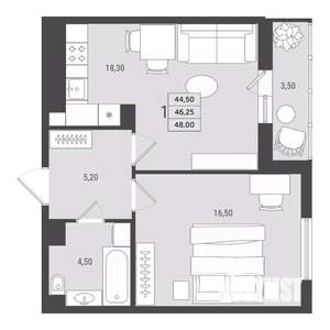 1-к квартира, вторичка, 46м2, 6/10 этаж