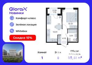 1-к квартира, вторичка, 33м2, 8/9 этаж