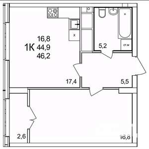 1-к квартира, строящийся дом, 46м2, 17/25 этаж