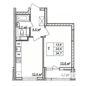1-к квартира, строящийся дом, 35м2, 21/25 этаж