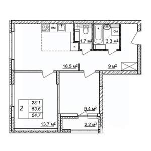2-к квартира, строящийся дом, 55м2, 21/25 этаж