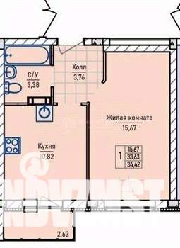 1-к квартира, вторичка, 34м2, 1/4 этаж