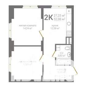 2-к квартира, строящийся дом, 52м2, 1/19 этаж