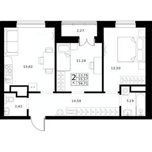 2-к квартира, строящийся дом, 57м2, 23/24 этаж