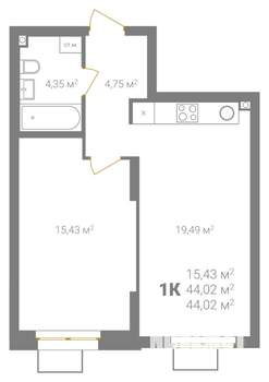 1-к квартира, вторичка, 44м2, 2/18 этаж