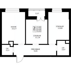 2-к квартира, строящийся дом, 55м2, 7/24 этаж