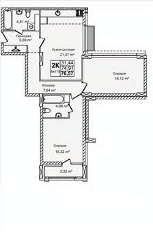 2-к квартира, строящийся дом, 77м2, 3/16 этаж