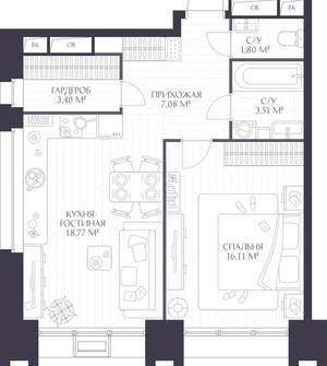 1-к квартира, вторичка, 51м2, 2/17 этаж