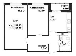 2-к квартира, строящийся дом, 54м2, 1/17 этаж