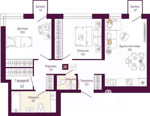 2-к квартира, вторичка, 63м2, 4/19 этаж