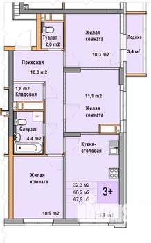 3-к квартира, вторичка, 68м2, 15/25 этаж