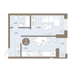 1-к квартира, строящийся дом, 33м2, 2/18 этаж