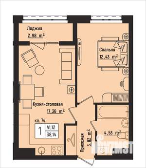 1-к квартира, вторичка, 41м2, 9/15 этаж
