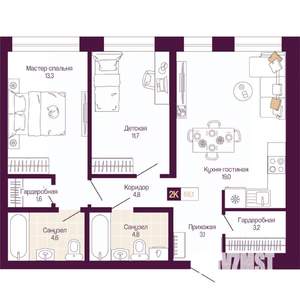 2-к квартира, вторичка, 66м2, 9/25 этаж