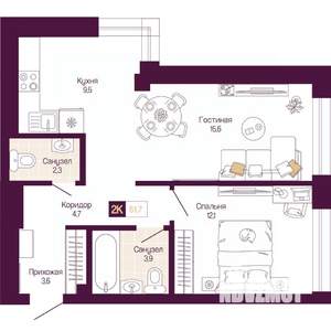 2-к квартира, вторичка, 52м2, 11/12 этаж