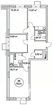 3-к квартира, строящийся дом, 75м2, 13/22 этаж