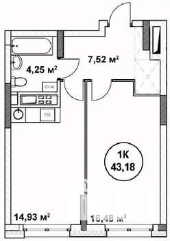 1-к квартира, вторичка, 43м2, 16/22 этаж