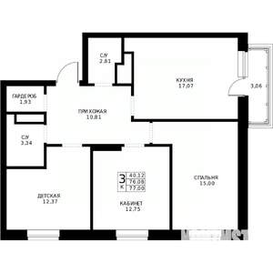 3-к квартира, строящийся дом, 77м2, 24/24 этаж